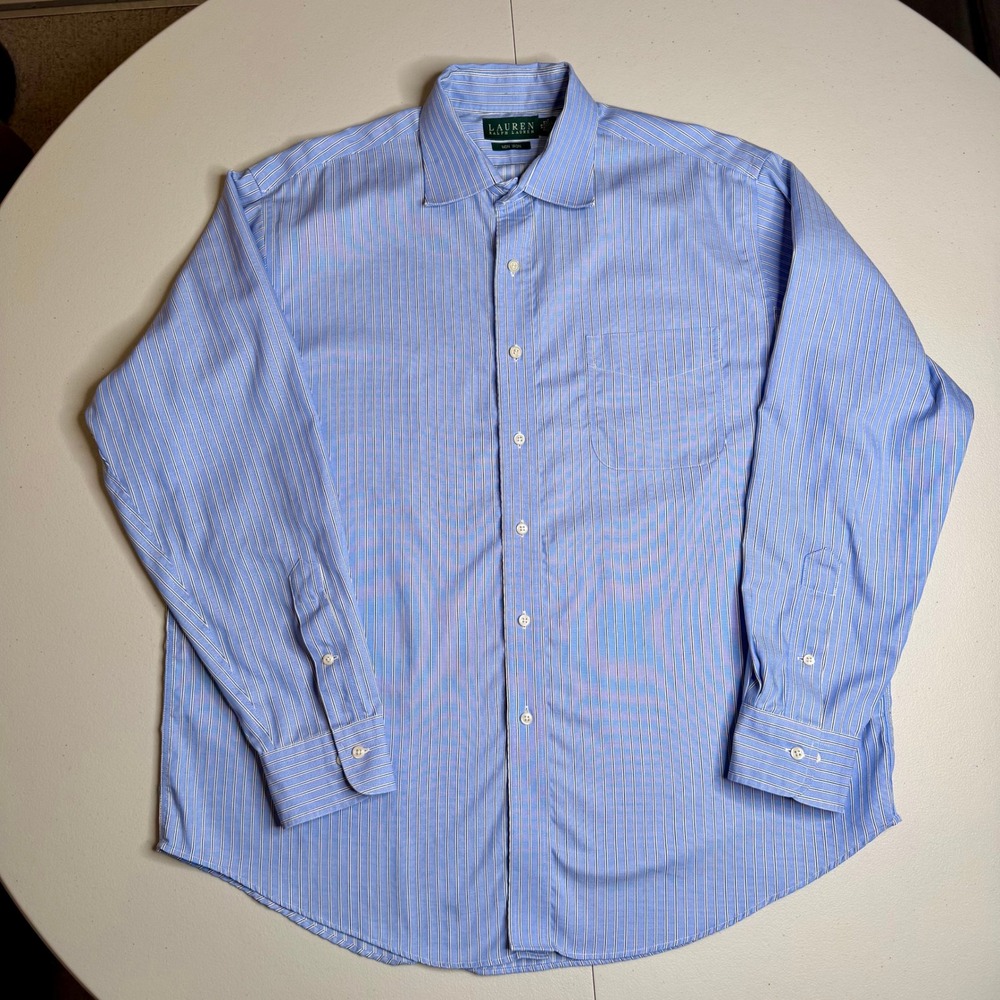 Lauren Ralph Lauren Mens 17 34/35 Blue‎ Striped Non Iron Dress Shirt